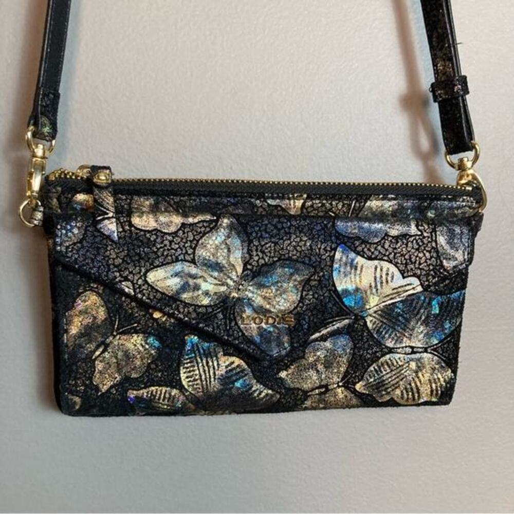 Lodis crossbody wristlet Fairy Whimsical‎ black metallic butterfly